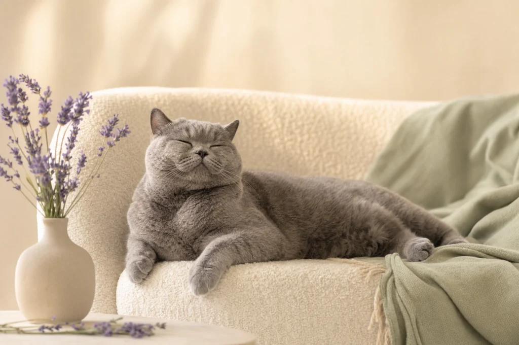 A relaxed grey cat lounging on a cream sofa beside lavender