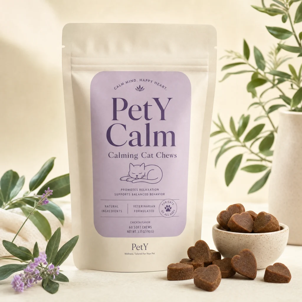PetY Calm calming cat chews pouch with heart-shaped soft chews and lavender