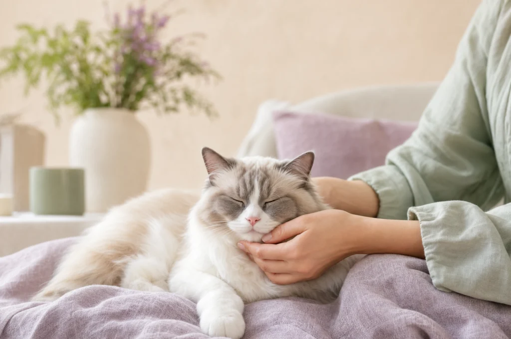A woman's hands gently petting a relaxed ragdoll cat