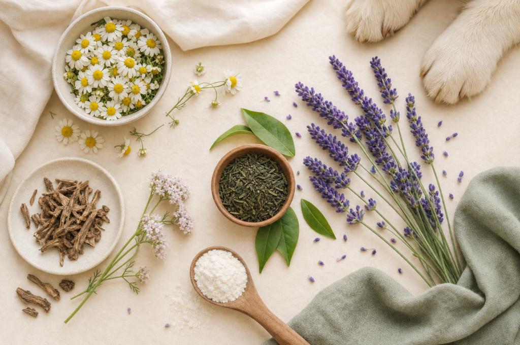 Flat lay of chamomile, lavender, green tea leaves and valerian root