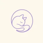 Minimal line drawing of a sleeping cat curled in a circle, lavender on cream