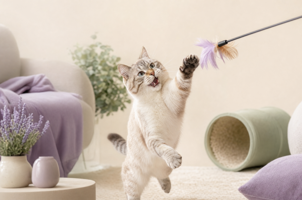 A happy cat reaching for a feather wand toy